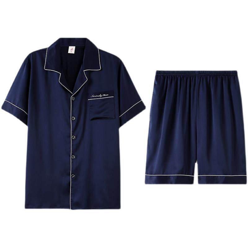 男士短袖冰丝仿真丝绸家居服套装
