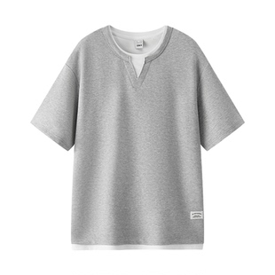 森马短袖T恤男夏季拼接撞色假两件上衣简约百搭打底肌理感针织衫