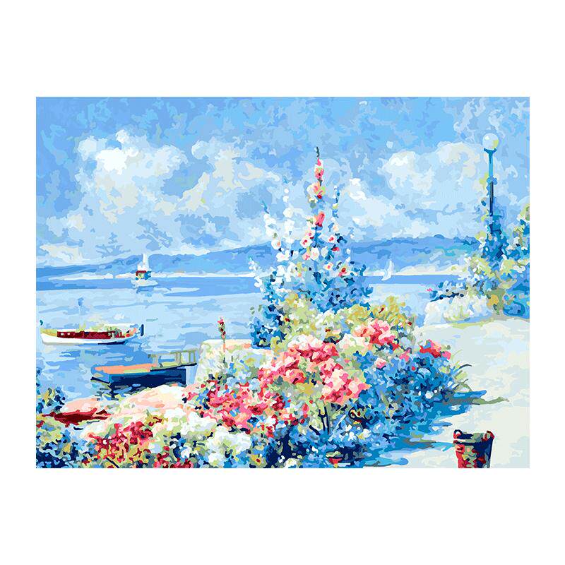 自油自画DIY数字油画岸边花园