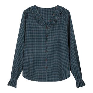solighter法式复古V领荷叶边格子衬衫女秋季2025新款宽松长袖衬衣