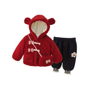 女童棉衣棉裤套装周岁女宝宝加绒加厚冬装连帽棉服2026新款毛毛衣