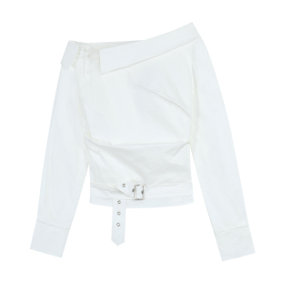 MULVAN 街角狙镜 美式不对称斜肩衬衫女设计感收腰褶皱露肩上衣