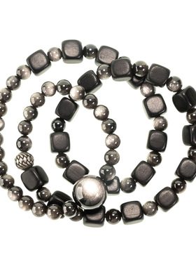 曲尾花原创黑檀木银曜石手串配饰