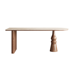 德利丰洞石岩板法式复古白蜡木实木餐桌家用小户型靠墙半圆形岛台