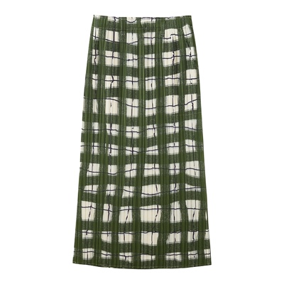 谜底压褶半裙2026夏季新品H型修身绿色格纹文艺中长裙女262MB0629