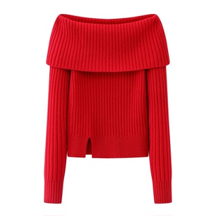 艾诺丝尚忆2025冬时尚新年款红色一字肩翻领开叉针织衫毛衣女4159