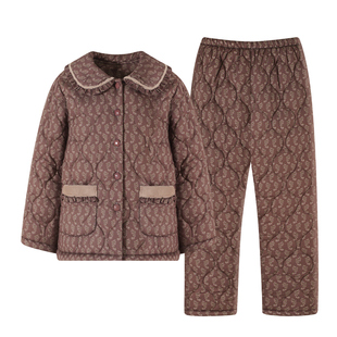 猫人睡衣女士冬季三层加厚加绒梭织纯棉夹棉珊瑚绒家居服秋冬