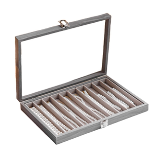 项链收纳盒冰川木纹灰色绒布防尘竖条10格毛衣链粗颈链首饰收藏盒