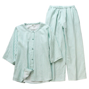 女士睡衣纯棉双层纱布七分袖九分裤套装夏季家居服睡眠服宽松圆领