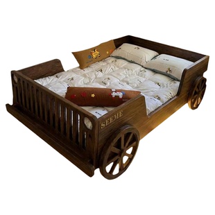 喜力美汽车床中古儿童床男孩带护栏卧室复古小户型原木男童房