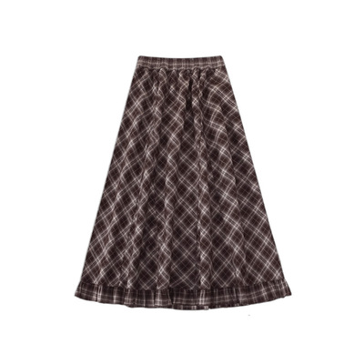 星球格纹下摆荷叶边半身裙女秋冬