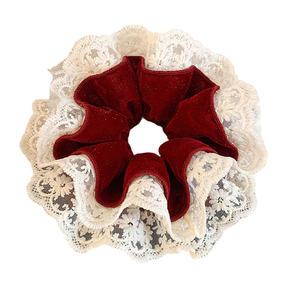 新年红色丝绒超仙蕾丝大肠发圈女2026新款大号扎丸子头绳马尾发饰