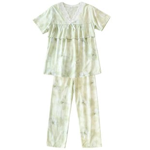 2026年新款家居服套装棉绸睡衣女夏季荷叶边防凸点人造棉短袖长裤