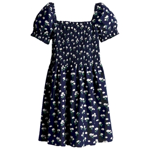 HM女装花卉连衣裙法式方领泡泡袖缩褶府绸设计感碎花裙1274547