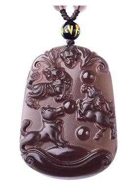 天然黑曜石三合贵人马到成功吊坠