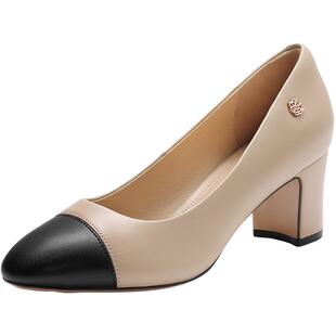 百丽女鞋拼色上班穿不累脚高跟鞋妈妈鞋小香风高跟单鞋B2E1DAQ6预