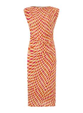 DVF2026春夏新款橘色海浪几何纹图案圆领无袖修身连衣裙DS1U026
