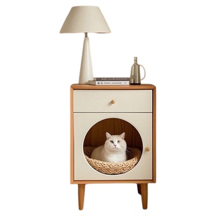 网红奶油风猫窝床头柜人猫共用家具柜实木设计感小众家用简约现代