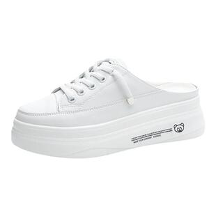 包头半拖鞋女小白鞋一脚蹬2026新款夏季真皮韩版百搭厚底增高女鞋