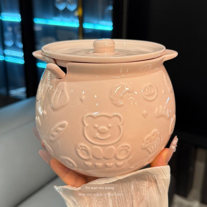 粉色陶瓷猪油罐釉下彩家用耐高温带盖荤油罐厨房盐罐子辣椒专用罐