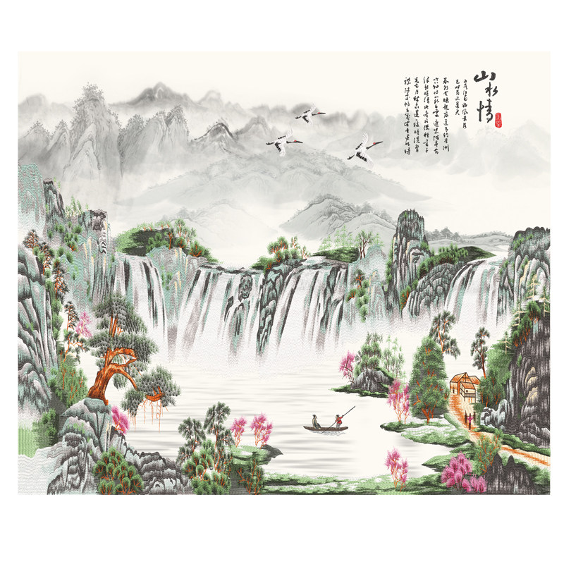 印加绣独绣刺绣背景墙布苏绣山水