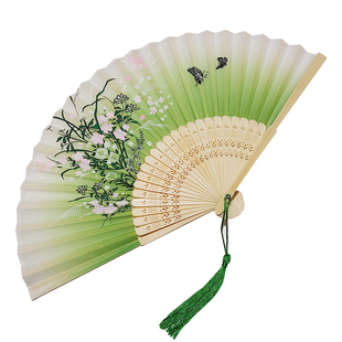 复古中国风流苏折叠扇女士汉服花鸟随身儿童舞蹈表演随身小竹扇子