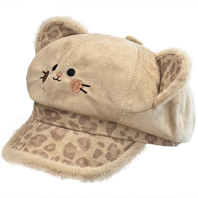 秋冬保暖豹纹猫耳八角帽显脸小
