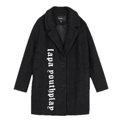 纳帕佳YP2025新上款羊毛单排扣毛呢外套黑色翻领休闲中长大衣女冬