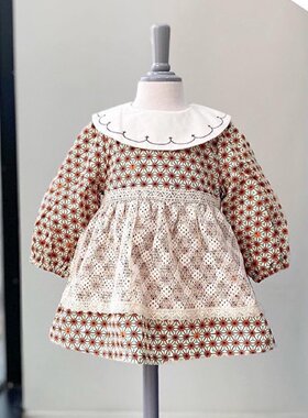 90-130韩版童装秋冬女童宝宝甜美娃娃领蕾丝拼接半裙公主裙连衣裙