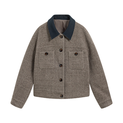 KBNE咖啡色宽松短款高级感通勤棉羊毛外套女2025冬季新款毛呢外套