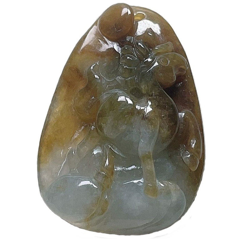 天然翡翠生肖马吊坠白黄双彩吉祥