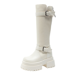 厚底内增高10CM真皮粗跟长靴女2025秋季新款小个子高筒骑士靴显瘦