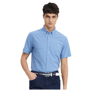 波顿男士2025春夏新款灰蓝色短袖格子衬衫高端美式休闲衬衣
