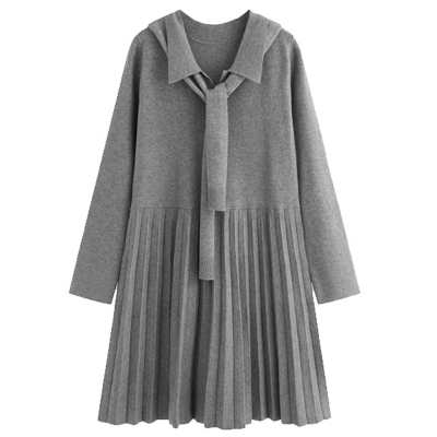 大码减龄披肩polo领百褶针织短裙