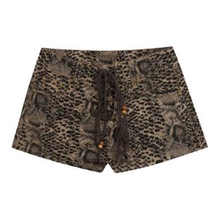 欧美式y2k复古辣妹交叉绑带低腰豹纹牛仔短裤女千禧风修身a字热裤