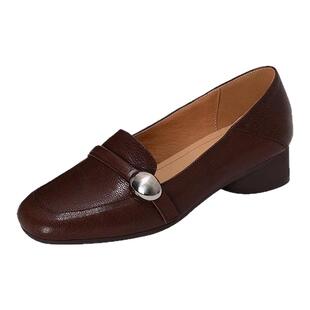 品牌法式复古棕色单鞋女2025秋新款通勤平底小皮鞋一脚蹬浅口单鞋