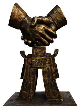 玻璃钢仿铜诚信之鼎握手雕塑公园景观艺术户外法治廉政文化摆件