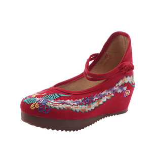 新款搭扣圆头内增高坡跟女单鞋凤凰绣花鞋演出跳舞鞋老北京布鞋女