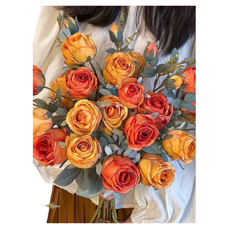高档4头烤边玫瑰仿真花花束摆件