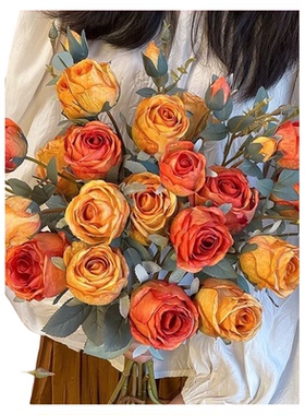 高档4头烤边玫瑰仿真花花束摆件