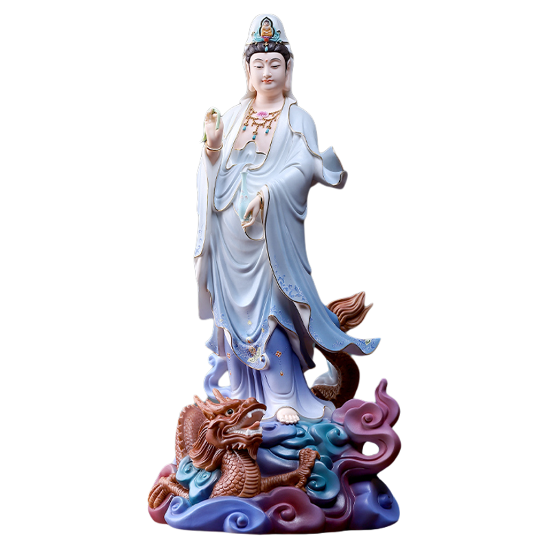 戴玉堂陶瓷摆件《站龙观音蓝》南海观世音菩萨佛像供奉家用饰品