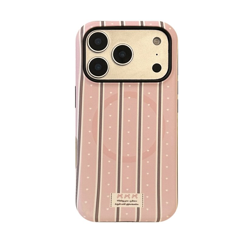 奶油条纹爱心蝴蝶结苹果iPhone17promax手机壳适用16plus磁吸支架15韩系14新款13mini小清新12硬壳11保护套女