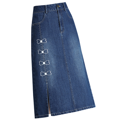 牛仔夏季中长款刺绣开叉包臀裙