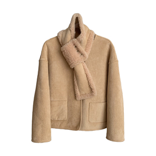 保暖围巾短款双面穿 100羊羔毛麂皮绒皮毛一体2025新款皮草外套女