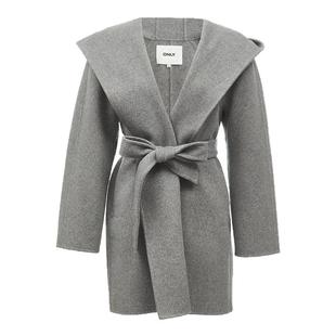 ONLY2025冬季新款100%绵羊毛宽松系带连帽斗篷双面毛呢大衣外套女
