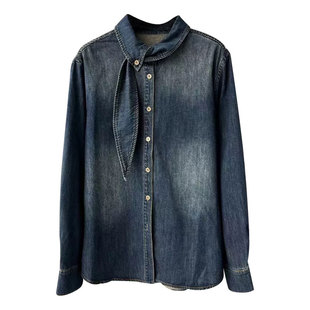 磨白加绒牛仔衬衫女2025新款秋季欧洲站中长款领带牛仔加厚上衣潮