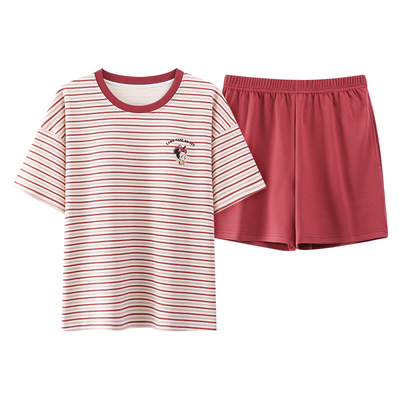 带胸垫一体女士睡衣夏季纯棉短袖短裤套装夏天可外穿的条纹家居服