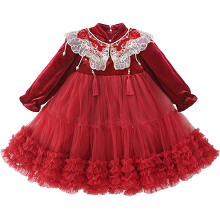 女童红色连衣裙秋冬2025新款洋气小女孩新年装儿童丝绒网纱公主裙