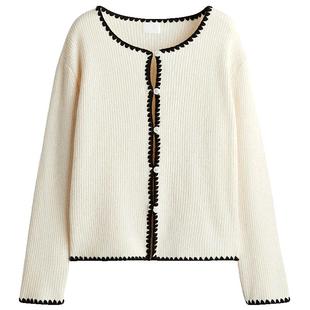 HM女装毛针织衫冬季休闲外穿小香风针织开衫外套1275133