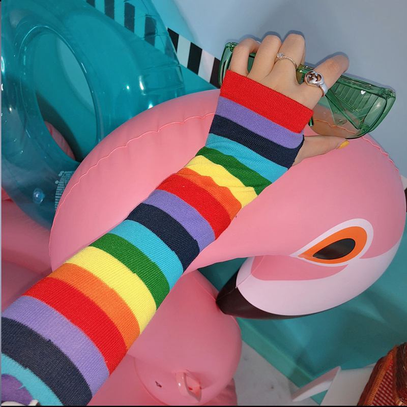 Y2k千禧辣妹露指条纹袖套cos电竞少女护腕跳舞蹦迪jk配饰防晒手套